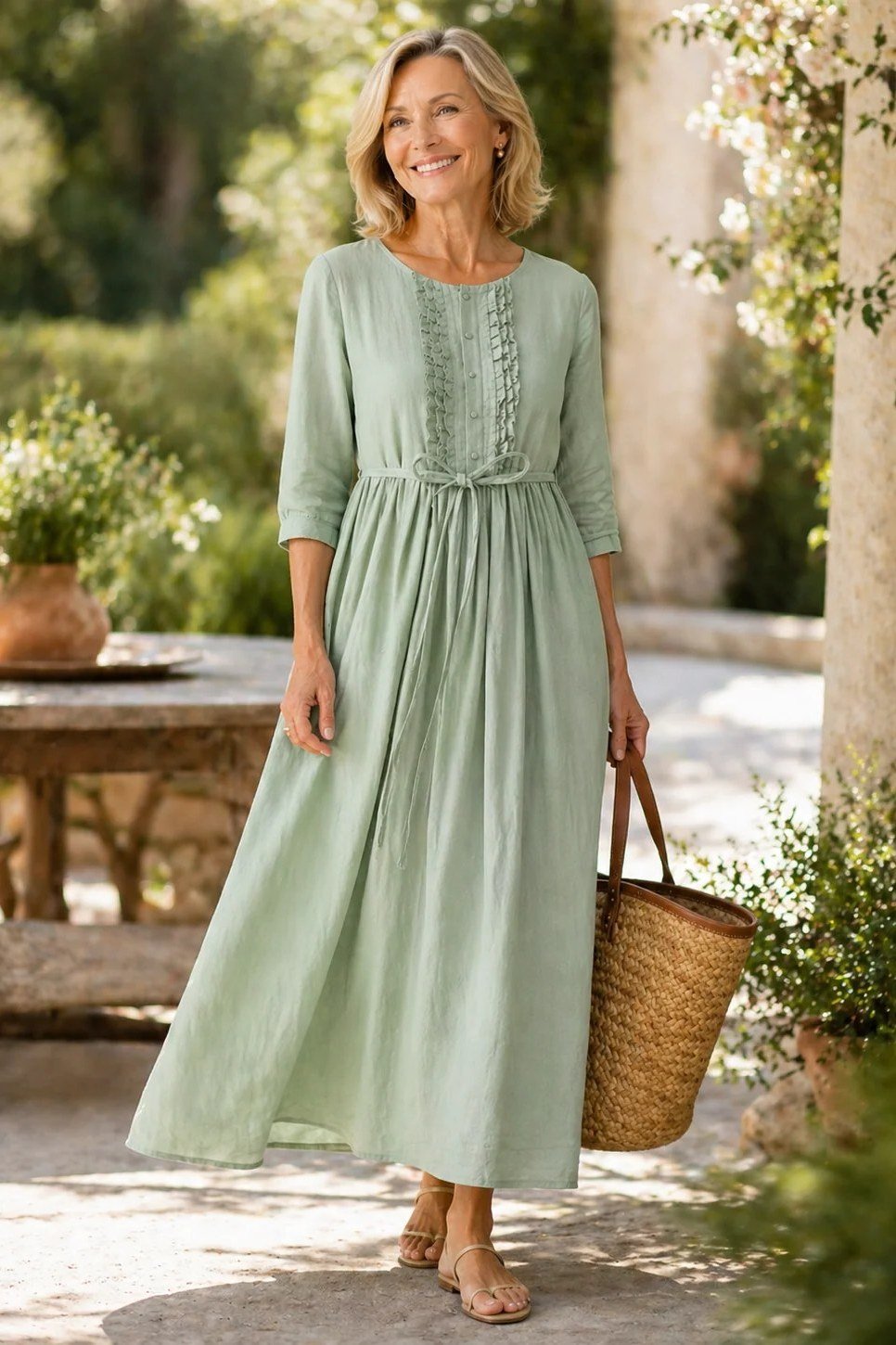 Sage Green Smocked Maxi summer outfit idea for women over 60