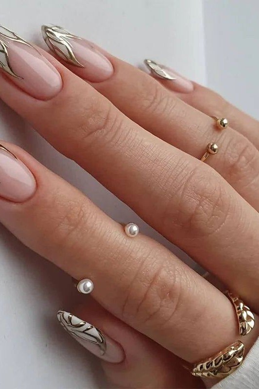 Nude Almond with Gold Tips nail design for women over 40