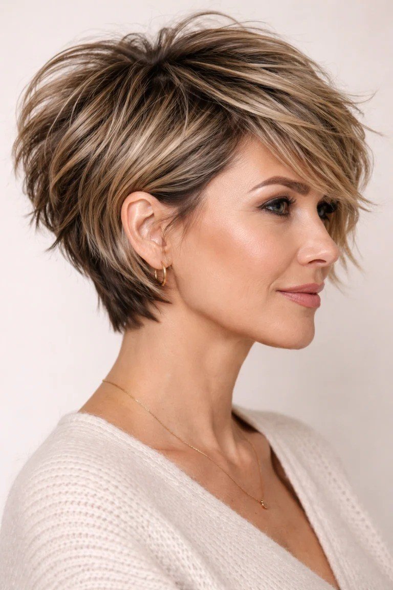 long blonde balayage pixie for women over 50 side view