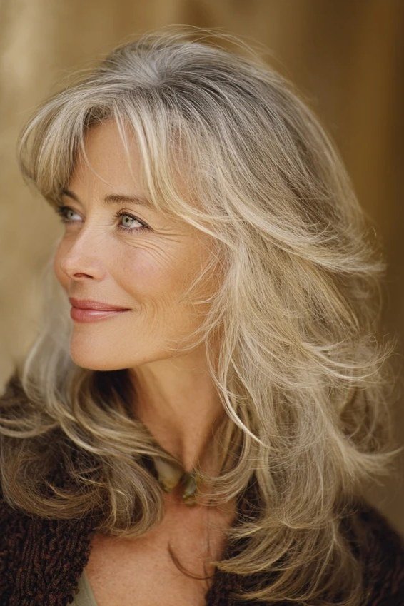 silver wavy long layers, 3/4 view hairstyle for women over 70