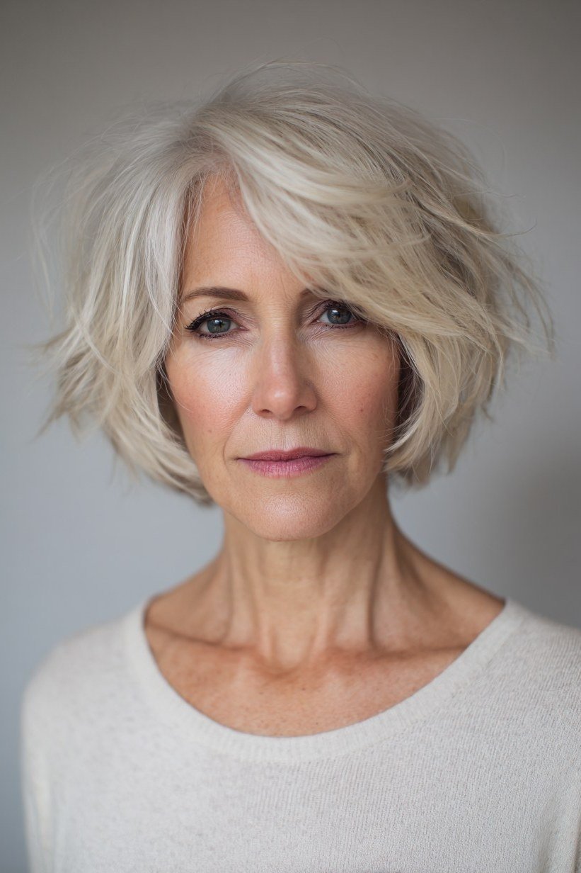 Crisp white short bob, front view, white short bob haircut for women over 50