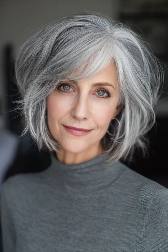 Silver Bob with Side-Swept Bangs - grey shoulder length hairstyle for women over 60