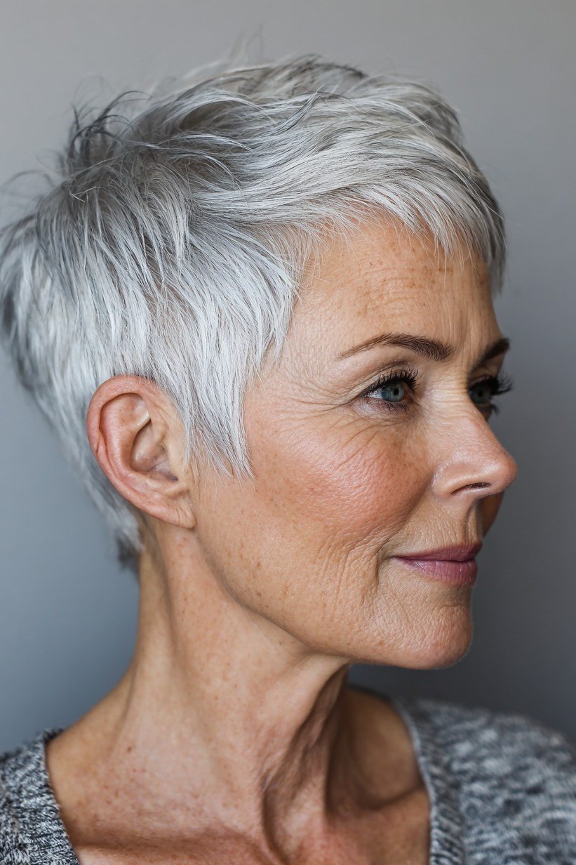 Sculpted silver pixie haircut, side profile, for women over 60