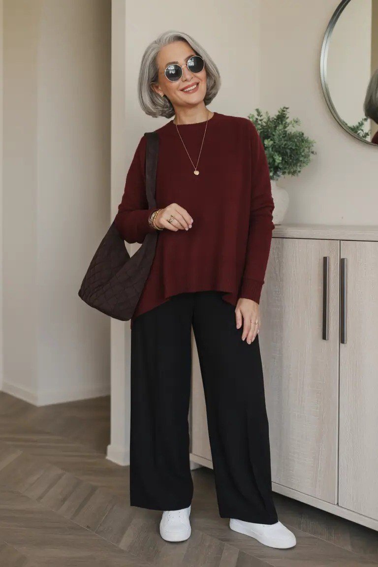 Older woman in a burgundy sweater with black wide-leg trousers and white sneakers