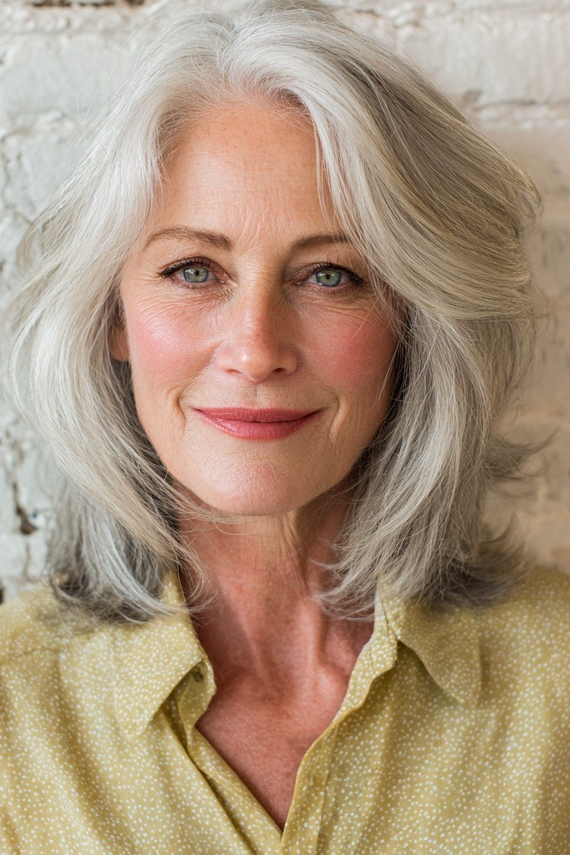 Smooth silver straight medium hairstyle for women over 60