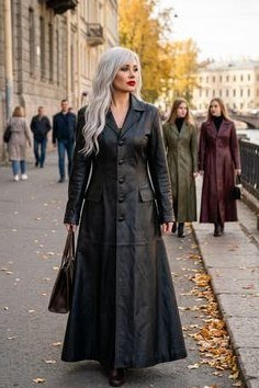 Long black coat on city sidewalk fall outfit idea for women over 60