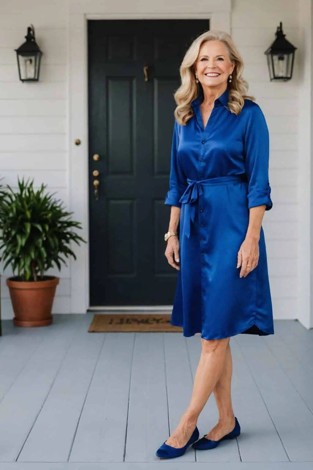 Cobalt blue satin shirt dress for women over 50, fall date night outfit