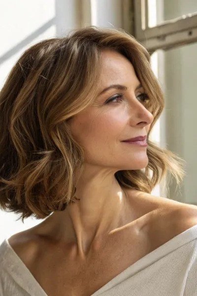 Brown wavy bob, side view - wispy hairstyle for women over 40
