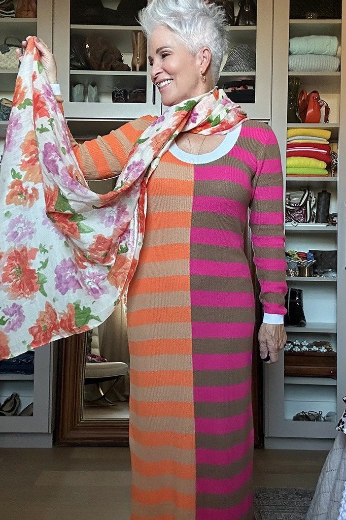 colorful striped knit maxi with floral shawl for women over 60