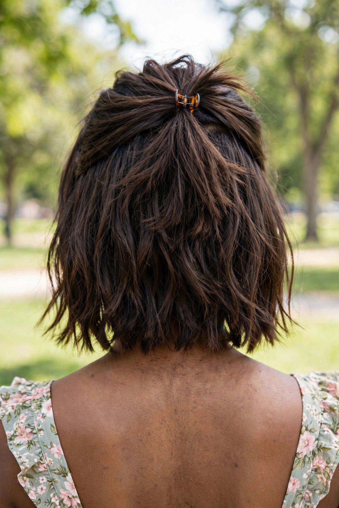 Shaggy bob half-up style for thin fine hair