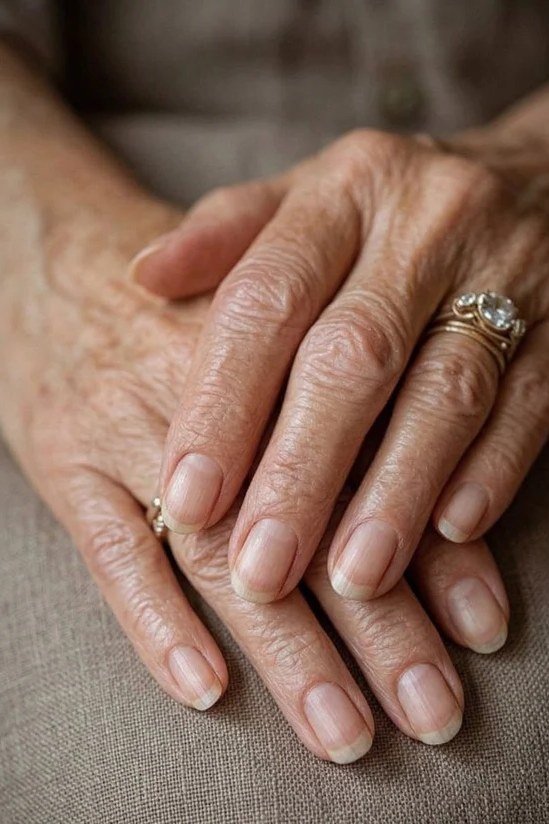 Short natural nails with bold rings on mature hands