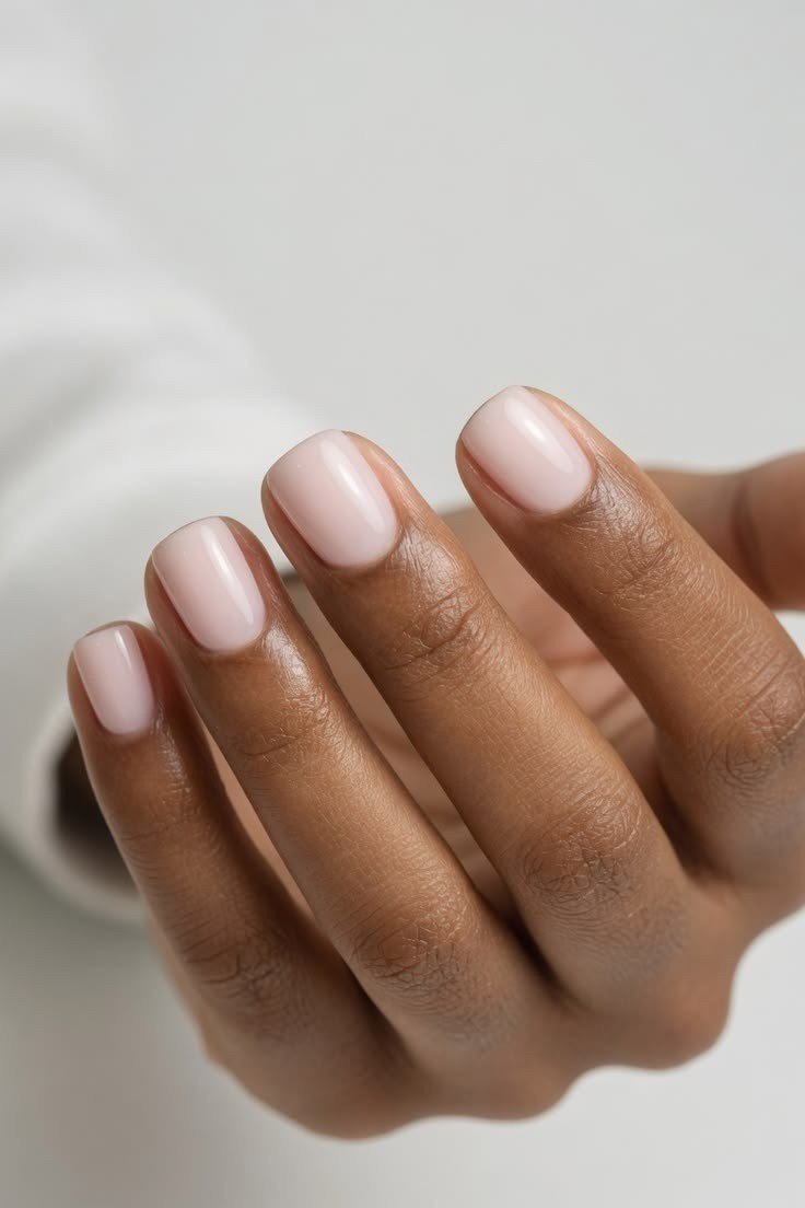 Milky nude nails on deep skin tone
