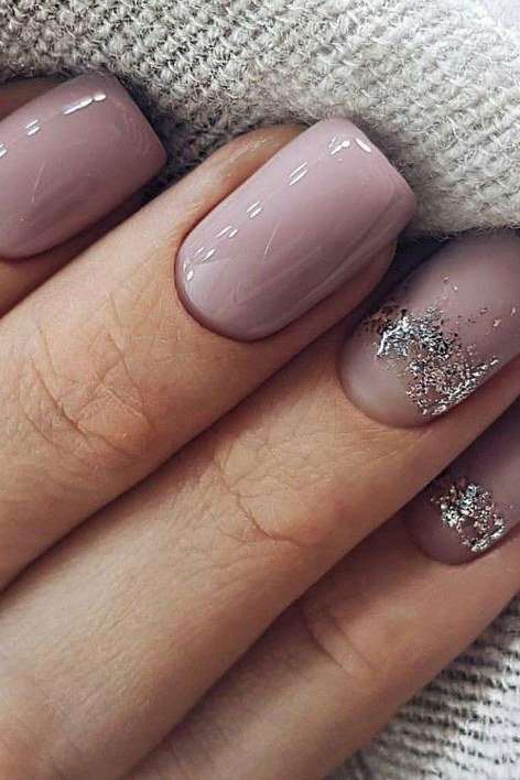 Taupe nails with silver glitter accent nail