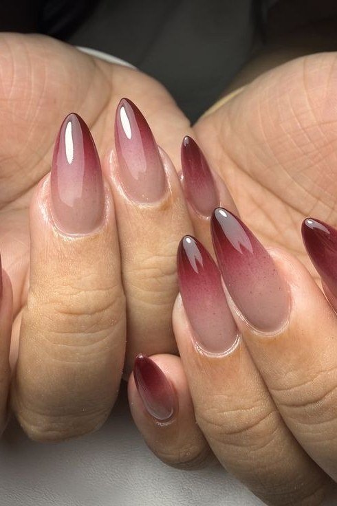 Burgundy ombre on almond nails, glossy, ombre nail design for women over 60
