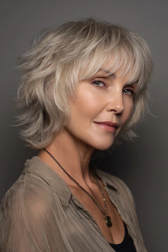 Choppy bob hairstyle for women over 60: blonde bob side tan top