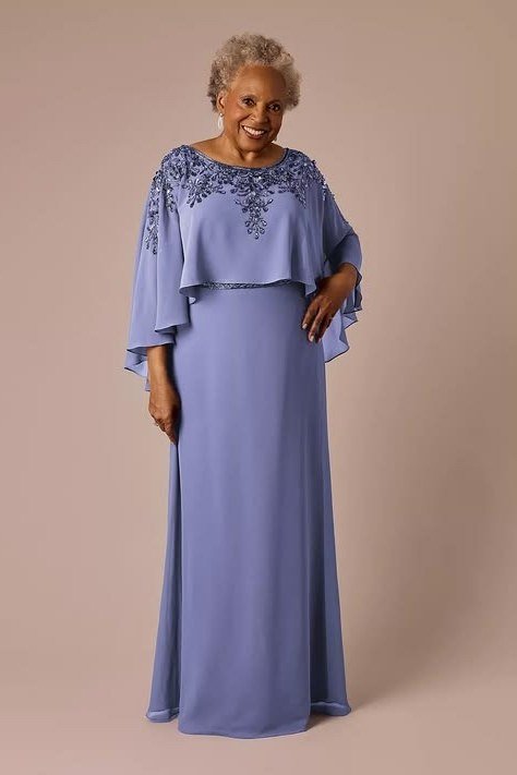 Periwinkle Chiffon Cape-Style Gown - evening outfit for women over 60