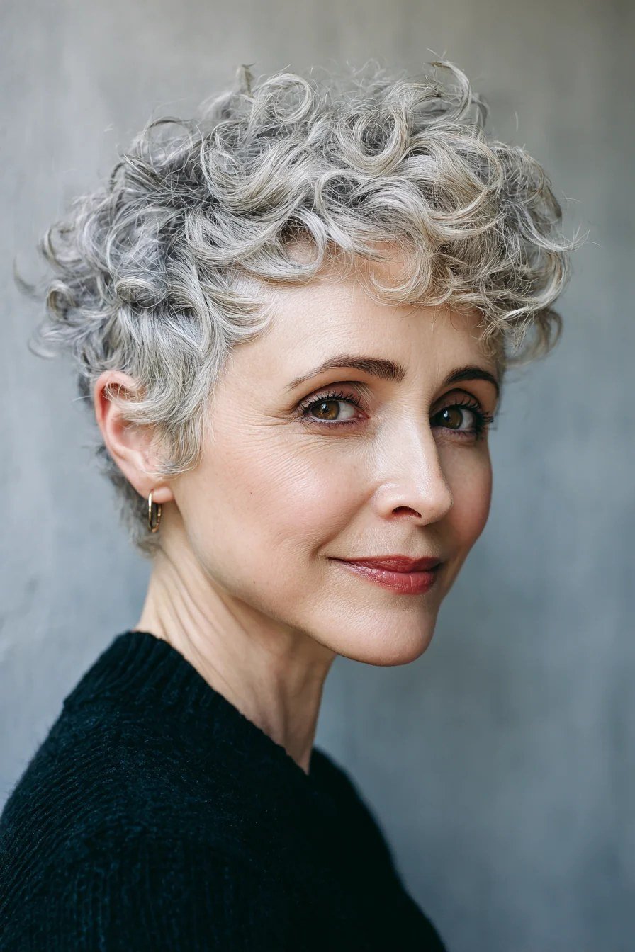 Tight silver curly pixie for mature women