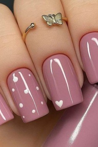 Glossy Mauve Square Nails with Heart Accents, elegant mauve nail idea for women over 60
