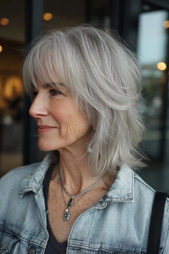 Gray shaggy bob with bangs for women over 60, side view