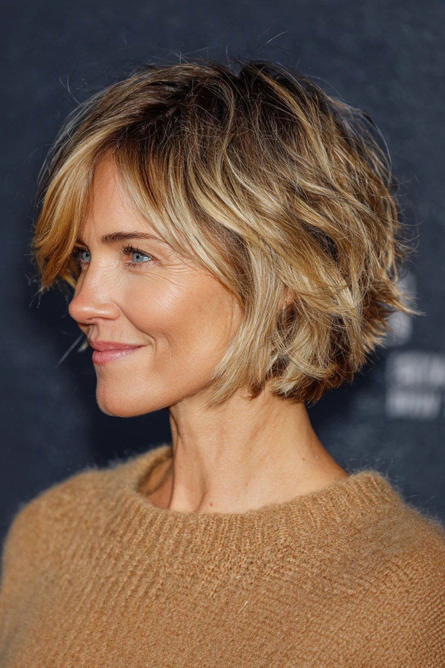 Blonde wavy bob with face-framing layers - trendy short haircut for older women with fine hair