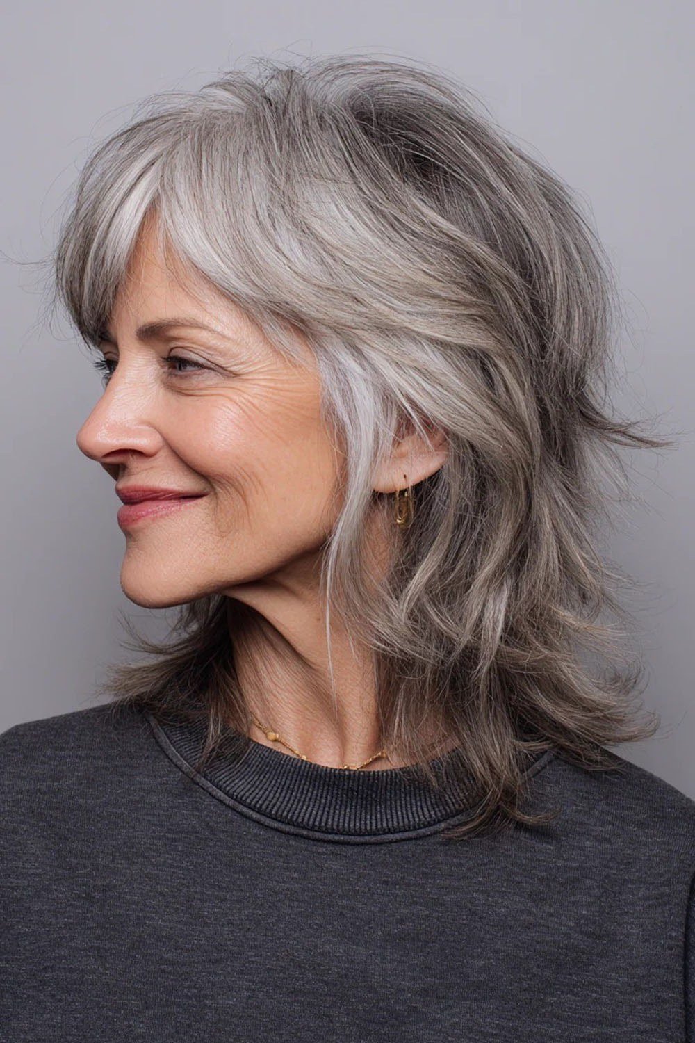 wavy salt and pepper bob on smiling woman, side view