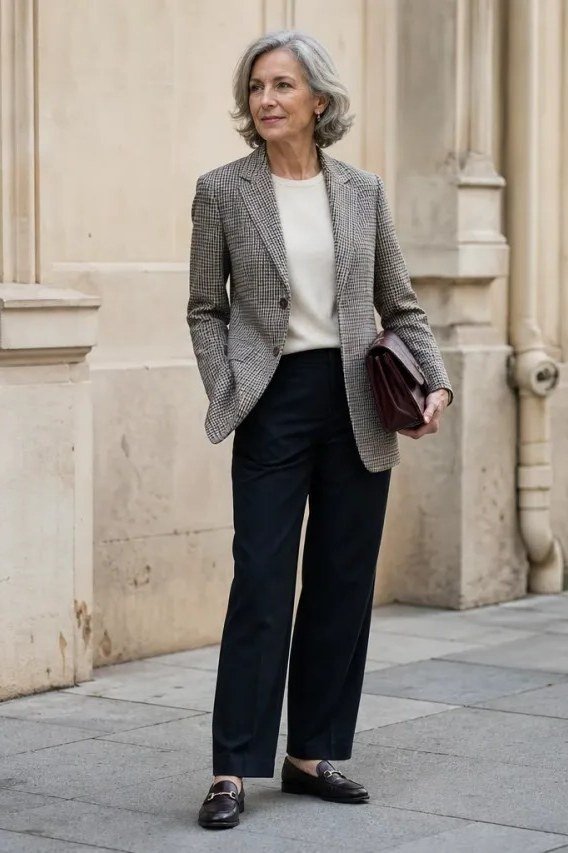 Grey blazer with white top and black trousers for women over 60