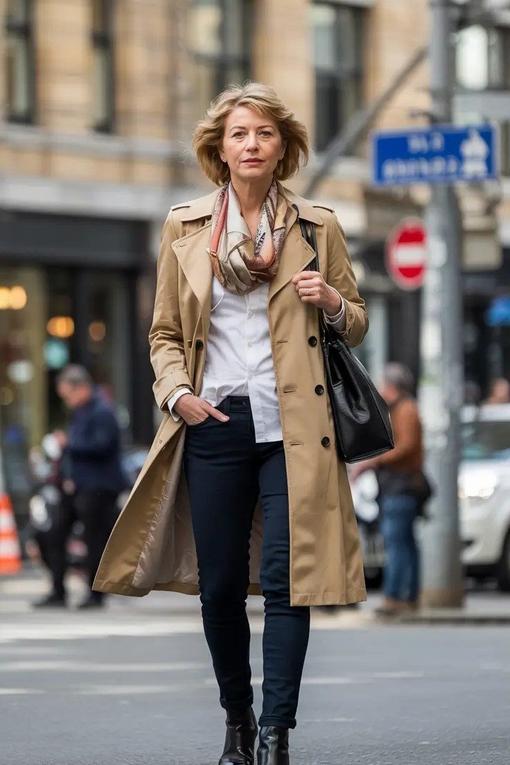 Camel Trench Coat in the City - flattering outfit idea for women over 50, how to dress better over 50