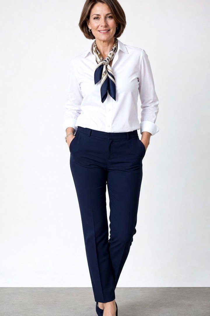 White shirt with neck scarf and navy trousers, classic work outfit for women over 40