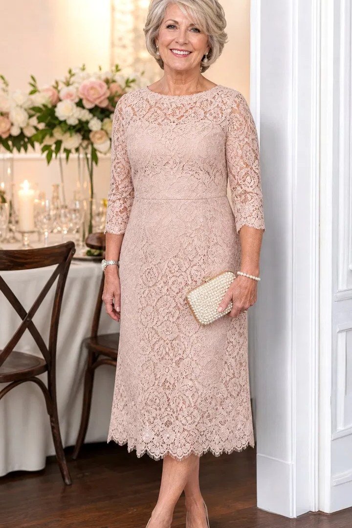 blush pink lace sheath dress with clutch, interior,, elegant wedding guest dress for women over 60
