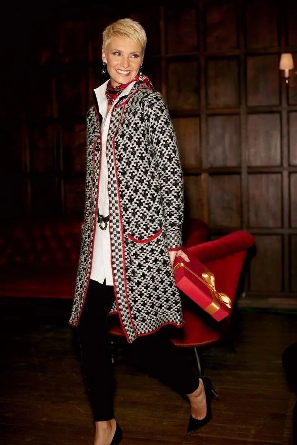 houndstooth long coat with red lining church outfit for women over 60