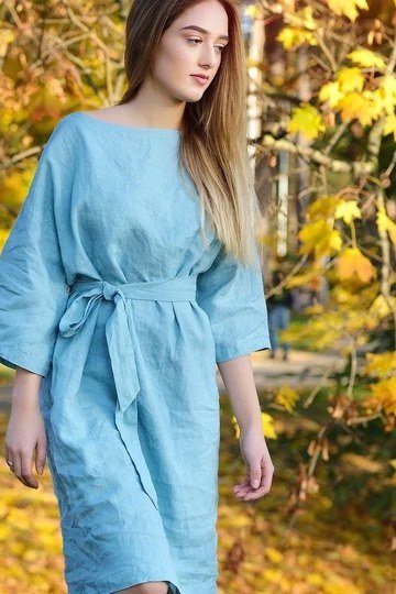 Sky blue belted midi dress, autumn foliage for women over 60