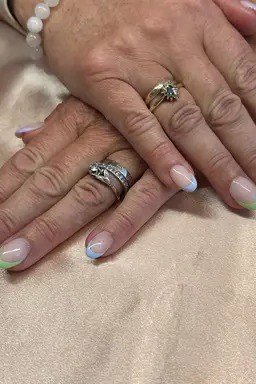 Pastel Tip French on Older Hands - short French nails for women over 60