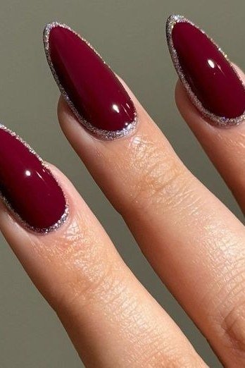 Wine Red Silver Trim Almond Nails - wine red silver trim almond, glitter winter nail design for women over 60