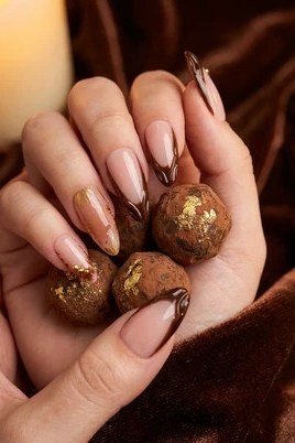 Nude French Tips with Chocolate Swirl, chocolate brown fall nail design for women over 60