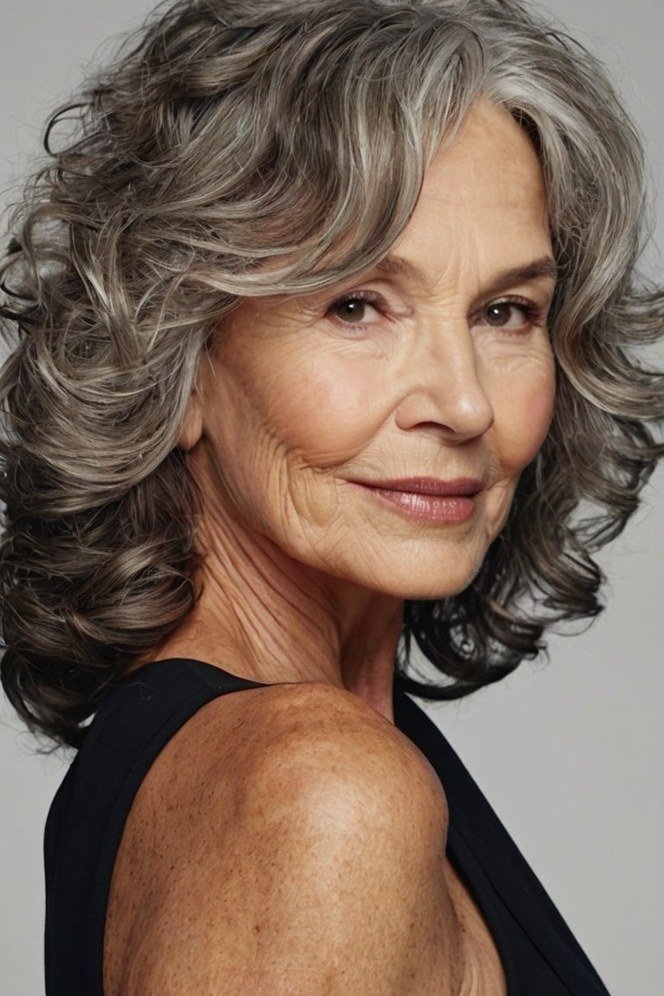 salt and pepper shoulder waves for women over 50, side view