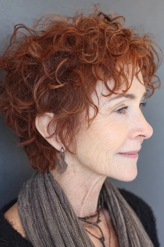 Copper curly bixie haircut side view for women over 60