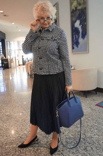 Checkered Top with a Black Pleated Skirt, classic casual outfit for women over 70