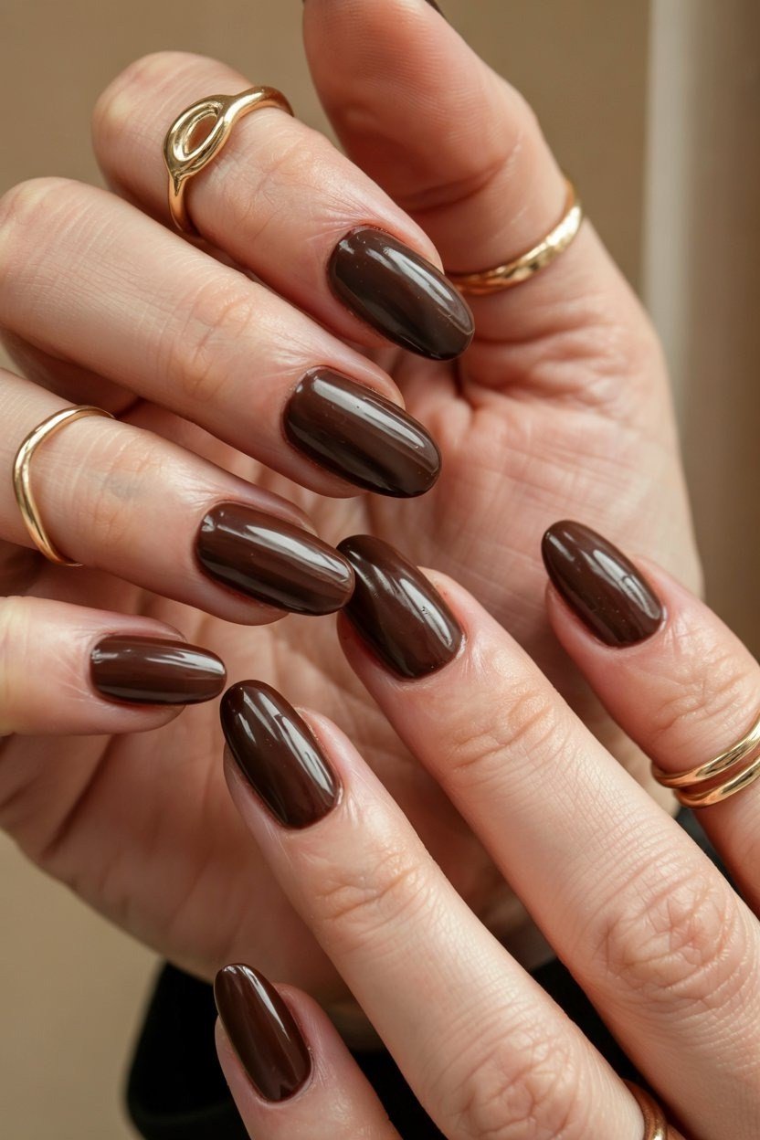 Espresso Brown Almond Nails with Gold Rings - old money fall nail color for women over 40