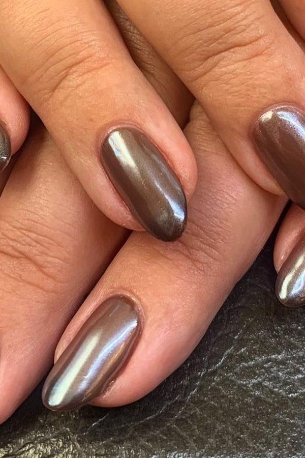 Taupe Chrome Short Almond Nails - brown nail idea for women over 50