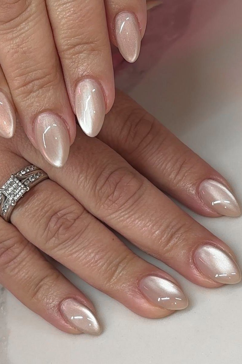 White Pearl Chrome Almond gel nails for women over 60