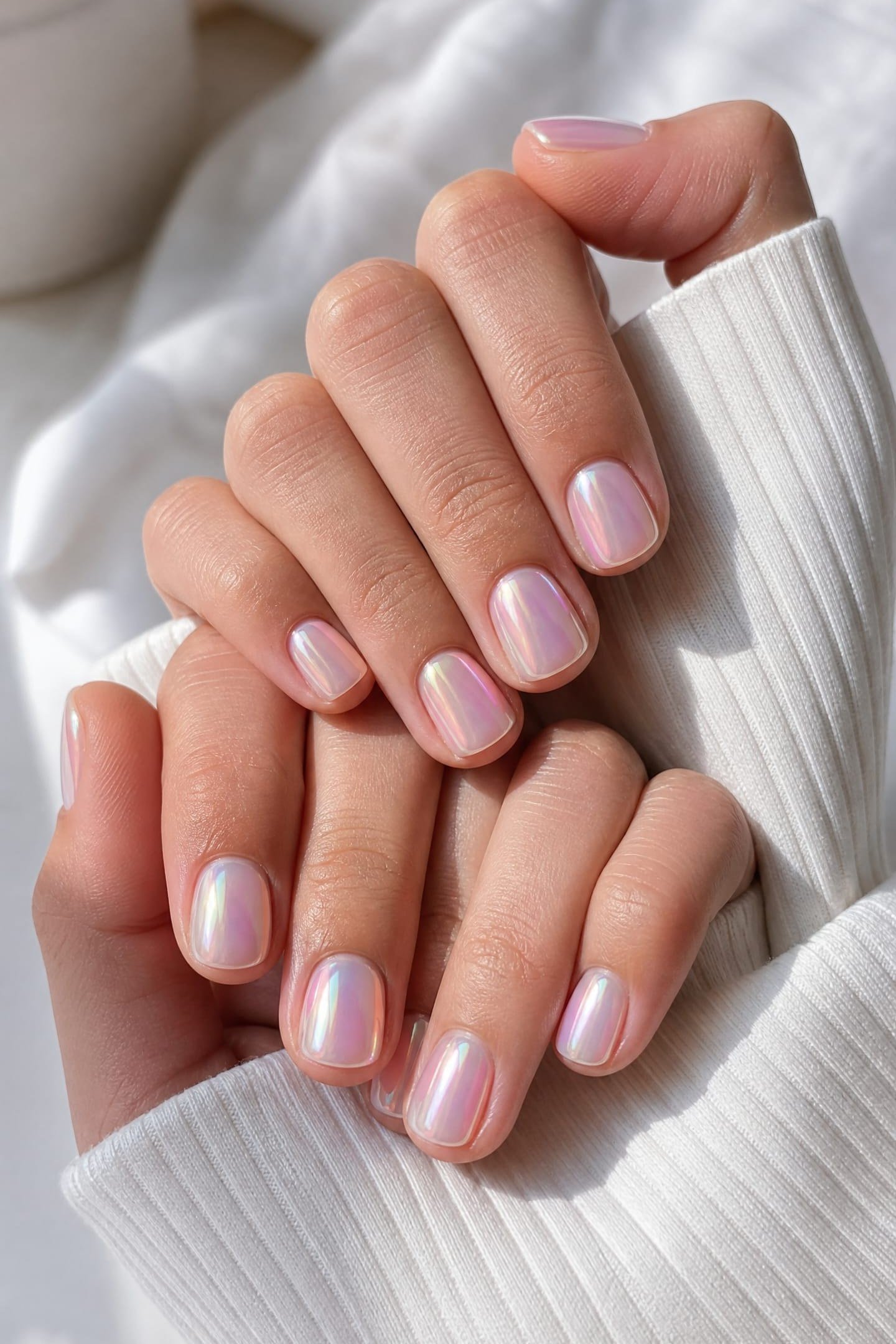 Pink Pearl Chrome with Clasped Hands - chrome nail designs for women over 60
