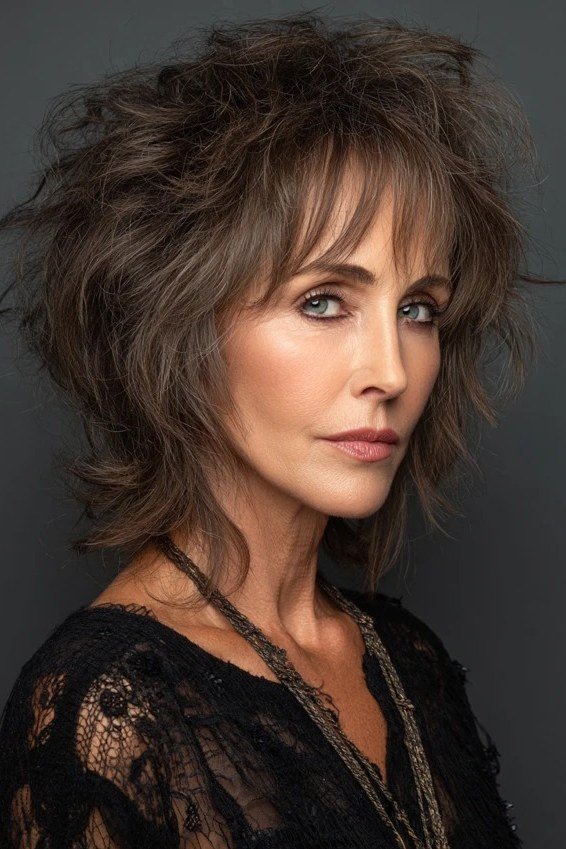Voluminous Brunette Curly Shag - medium shag haircut for women over 40