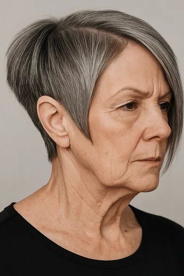 Dark grey wispy pixie with fringe in dramatic light