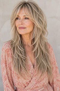 Long blonde wavy layered hair with center part for women over 50