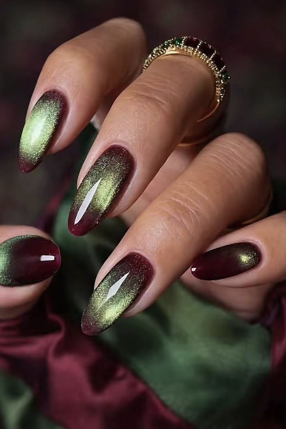 Olive Green Velvet Cat-Eye Nails for women over 60