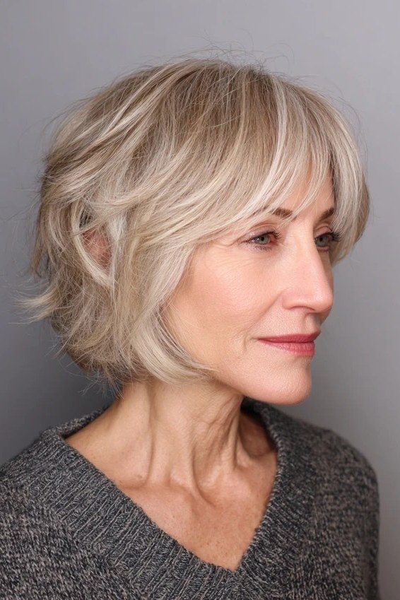 blonde shaggy textured bob tousled - textured bob haircut idea for women over 60