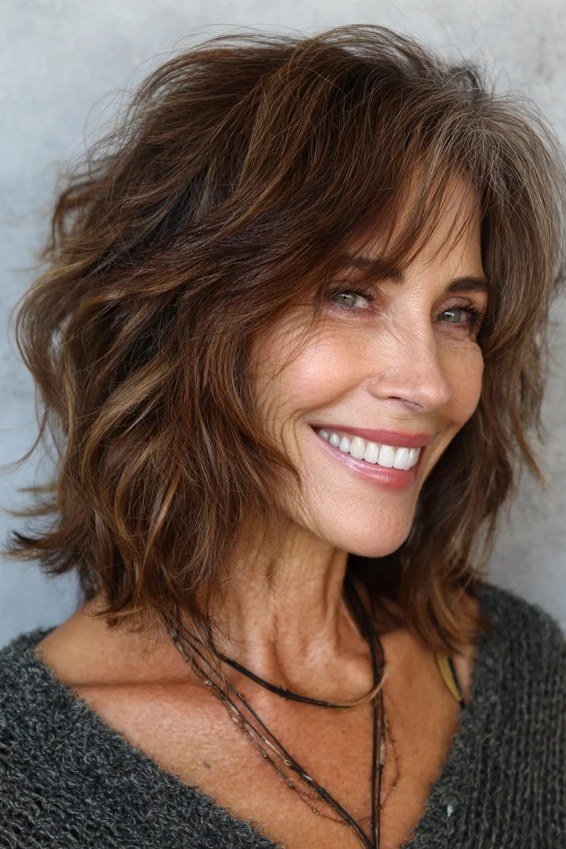 Brunette Curly Layered Lob - layered lob hairstyle for women over 60