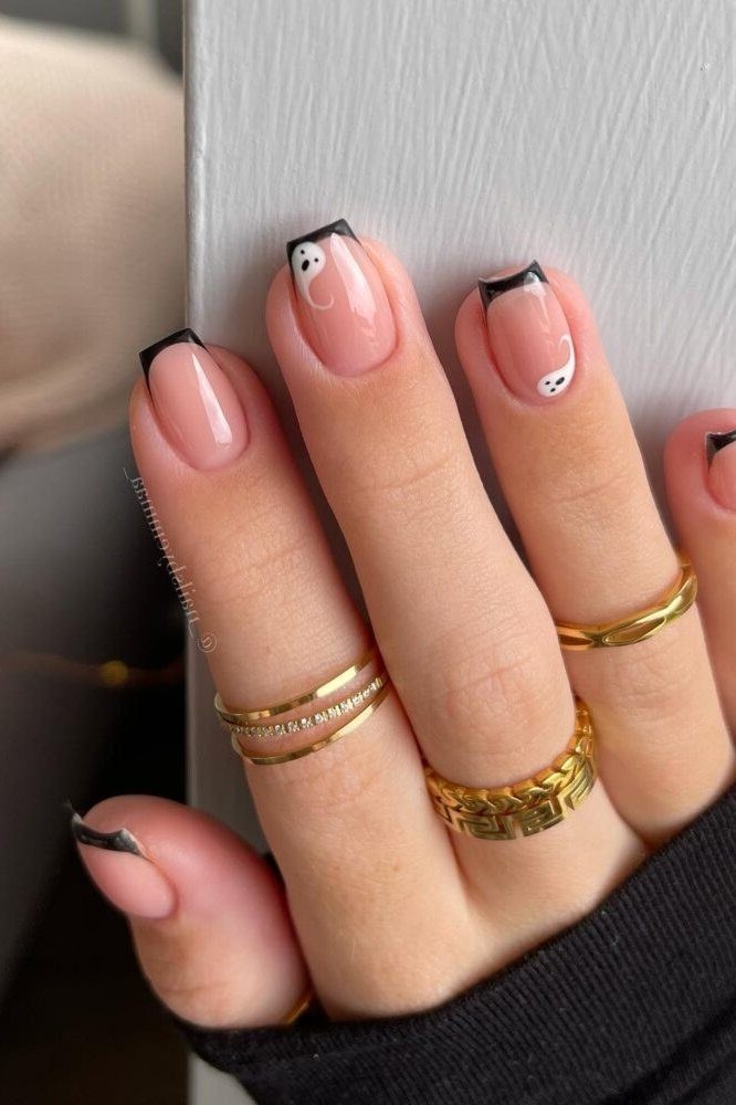 Nude Nails with Black French Tips, nail color idea for women over 60