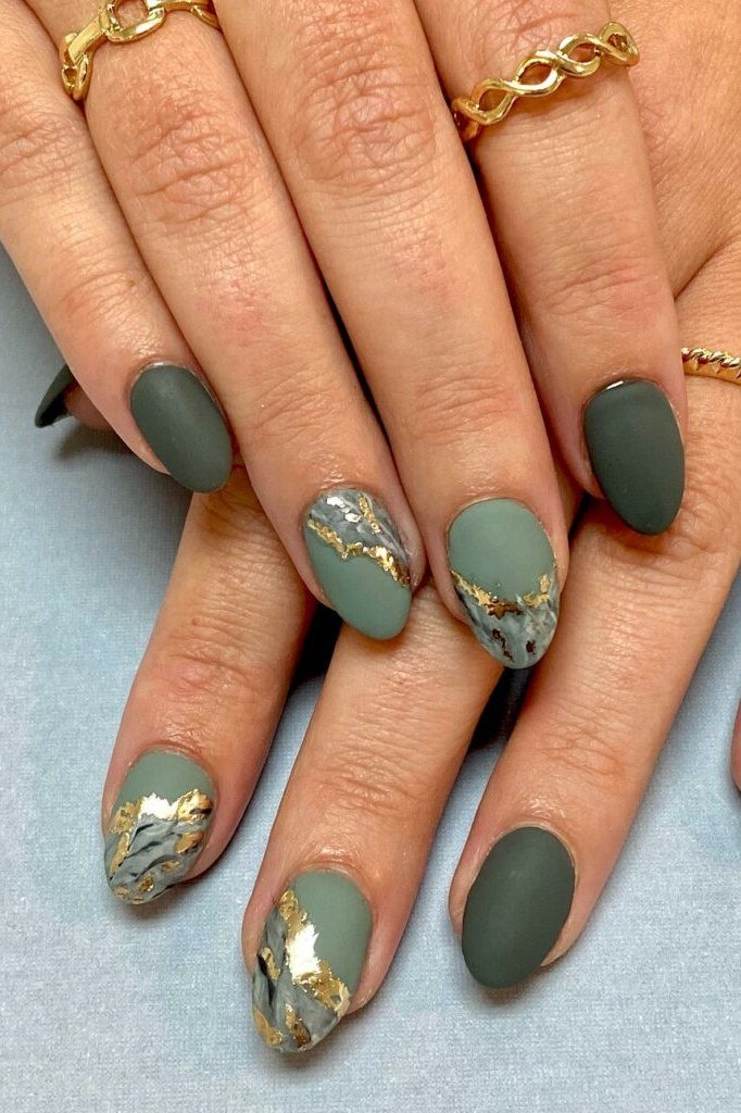 39. Matte Sage Nails With Gold Foil - Thanksgiving nail art idea for women over 50