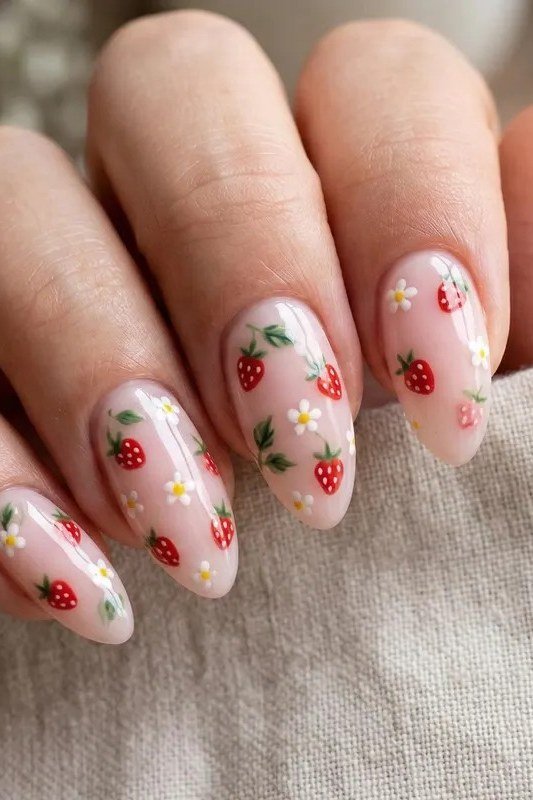 Almond strawberry floral nails with daisy art